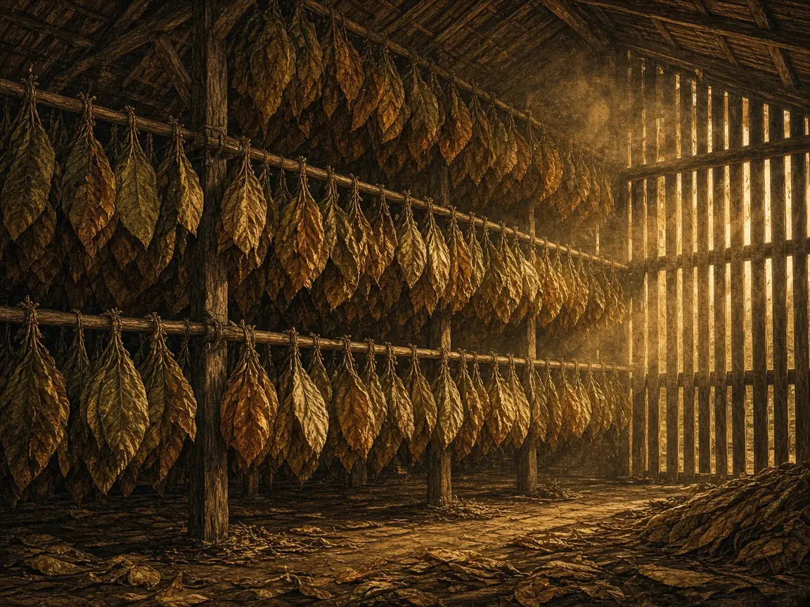 木造晾房內掛滿菸葉，金色灰塵光線穿過板壁。