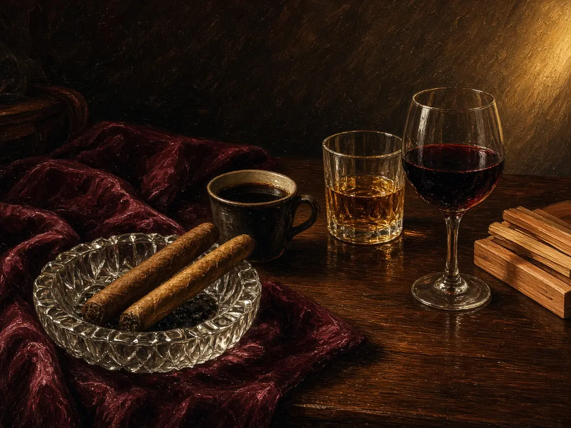 桌上清咖啡、琥珀色酒液與兩支雪茄的靜物油畫。