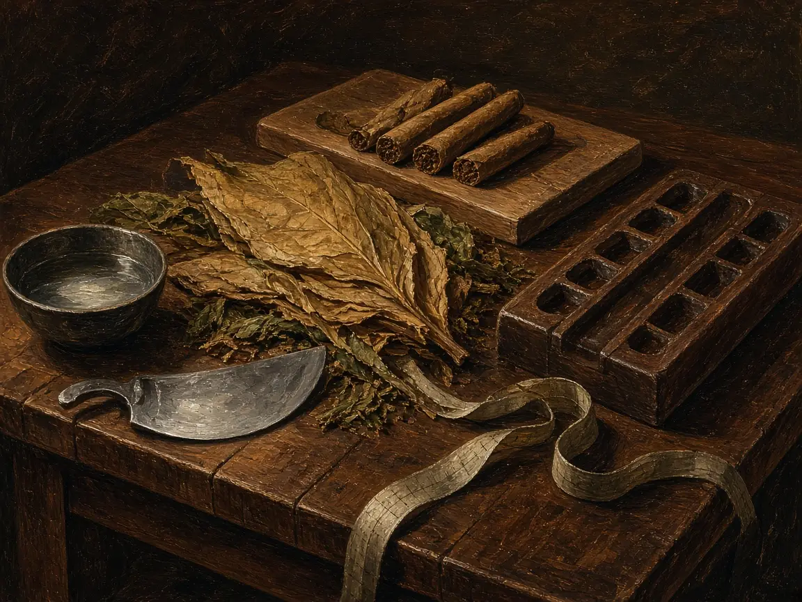 古典靜物：木工作枱上的半葉、木模與半月形切刀。